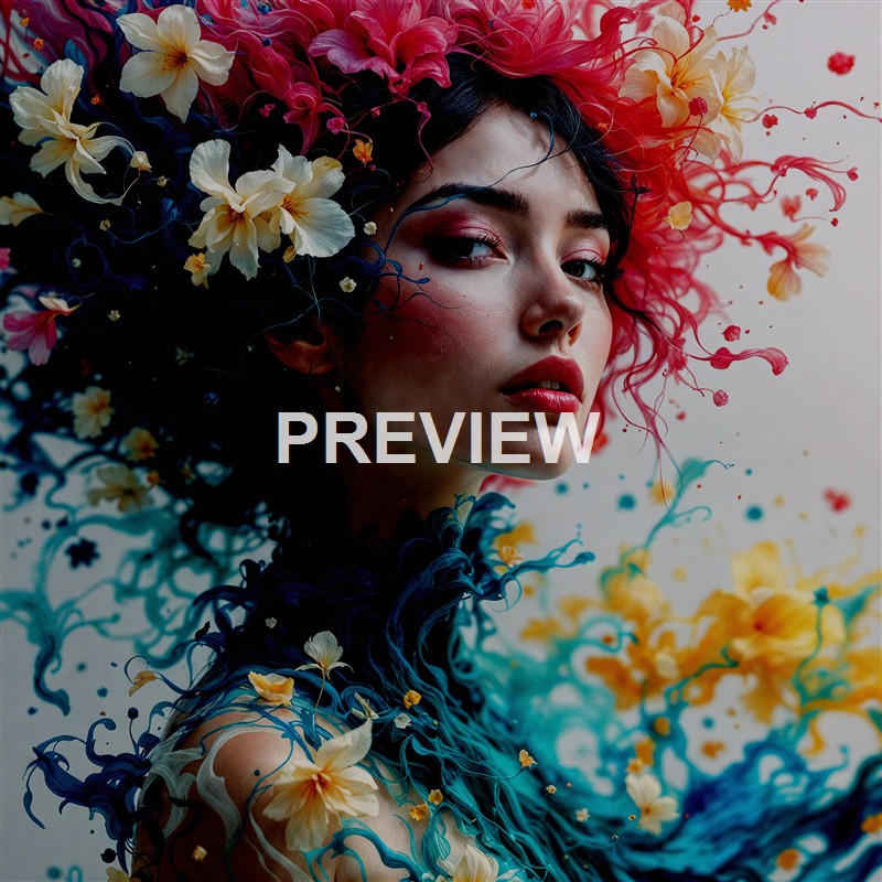 A woman with dark hair and makeup, surrounded by and blending into flowing, colorful ribbons and flowers that create a surreal, artistic portrait.